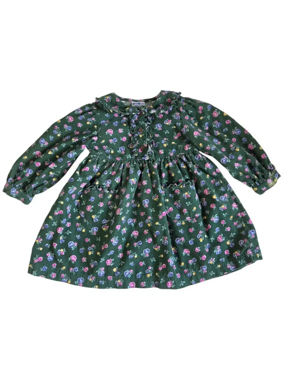 Vtg OshKosh Bgosh Green Floral Corduroy Dress 2T Long Sleeve Ruffled Buttons